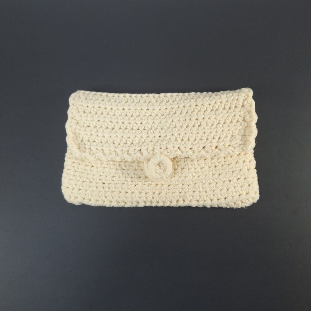 Vintage Handmade Cream Crochet Clutch Purse Envelope Style Button Closure Boho